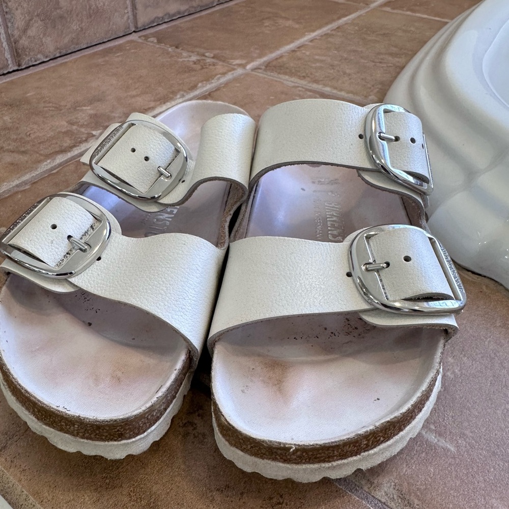 White Birkenstocks with Silver Buckles